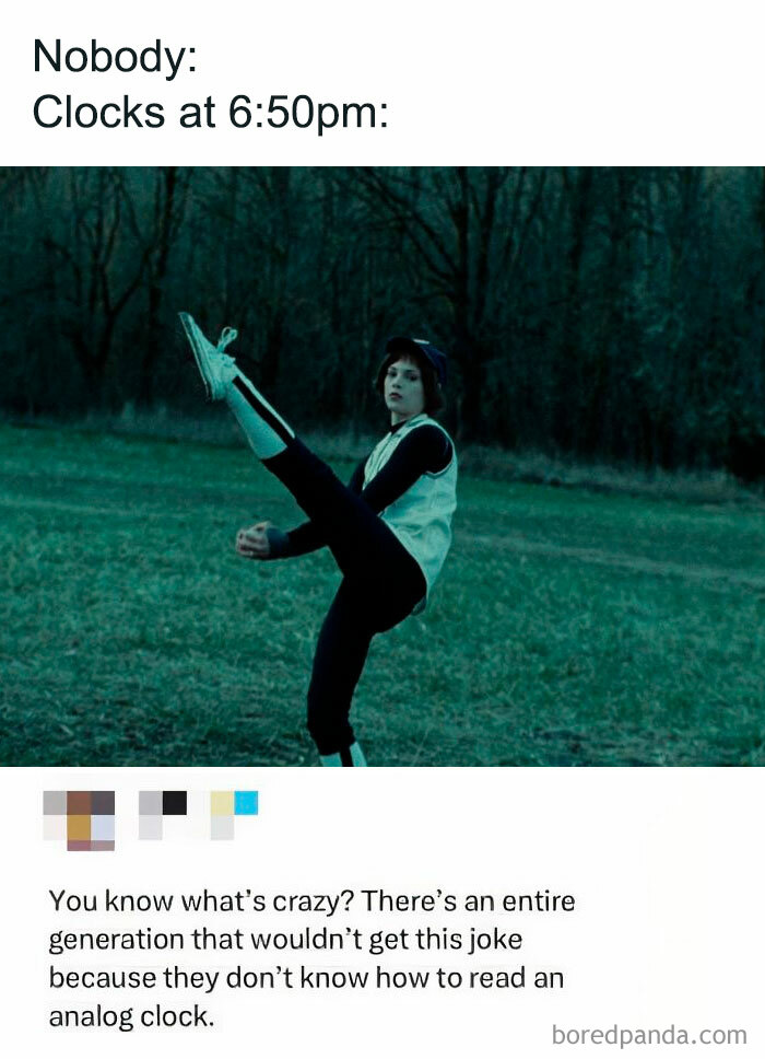 Person standing on one leg in a field as part of a viral meme illustrating confusion over reading analog clocks.