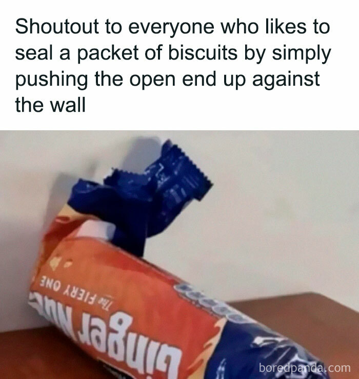 Memes about sealing biscuit packets by pushing the open end against a wall, showcasing viral chaotic humor.
