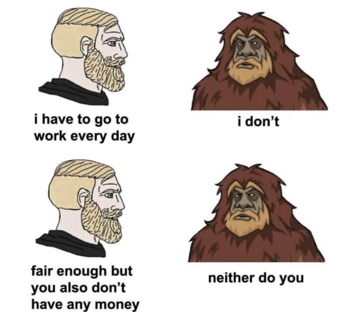 Cartoon meme featuring dialogue between a bearded man and a Bigfoot, a humorous archeology and history meme.