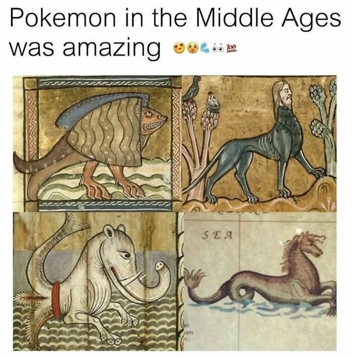 Medieval-style illustrations of mythical creatures resembling Pokémon in funny archeology and history memes.