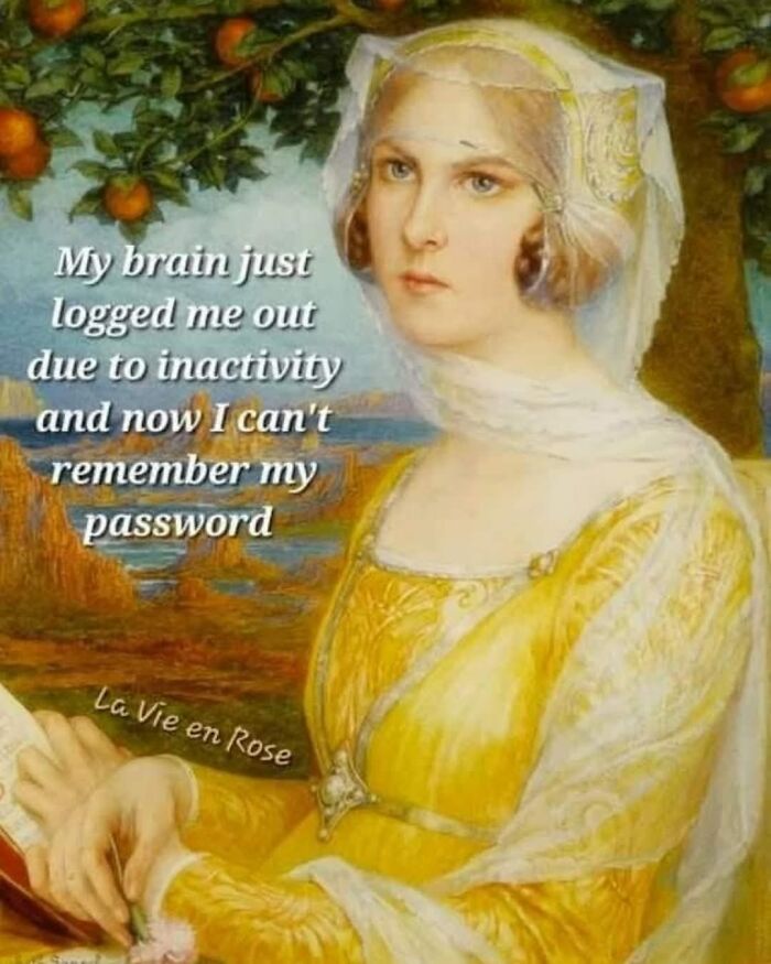 Historical painting of a woman in yellow with a meme about brain logout and forgetting password, featuring archaeology and history humor.