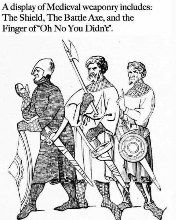 Medieval weaponry humor featuring shield, battle axe, and a humorous finger gesture in archaeology and history memes.