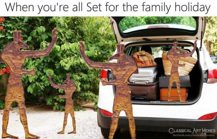 Ancient Egyptian figures posed humorously around a packed car, blending archeology and history memes for fun learning.