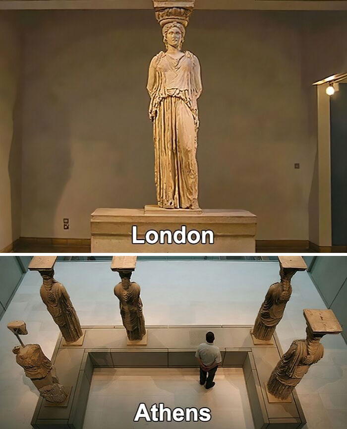 Side-by-side images of ancient statues in museums highlighting archeology and history memes humor in London and Athens.