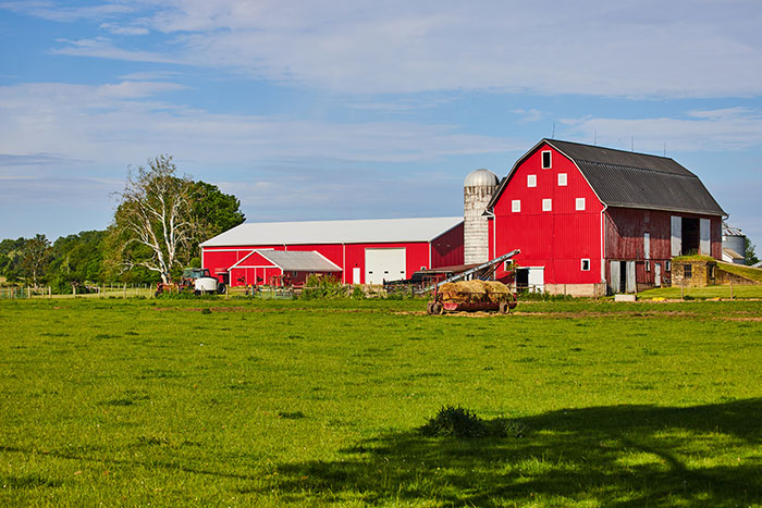 Red barn and silo on a green farm under blue sky representing a setting for scary real-life stories.