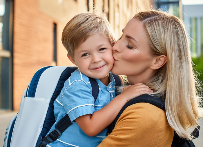Mother kissing her child with a school backpack outside, reflecting a cheating guy's affair kid pickup conflict. Mother kissing her child with a school backpack outside, reflecting a cheating guy's affair kid pickup conflict.