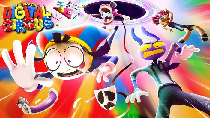 Colorful animated characters from The Amazing Digital Circus showing a dynamic and chaotic scene of action and emotion.