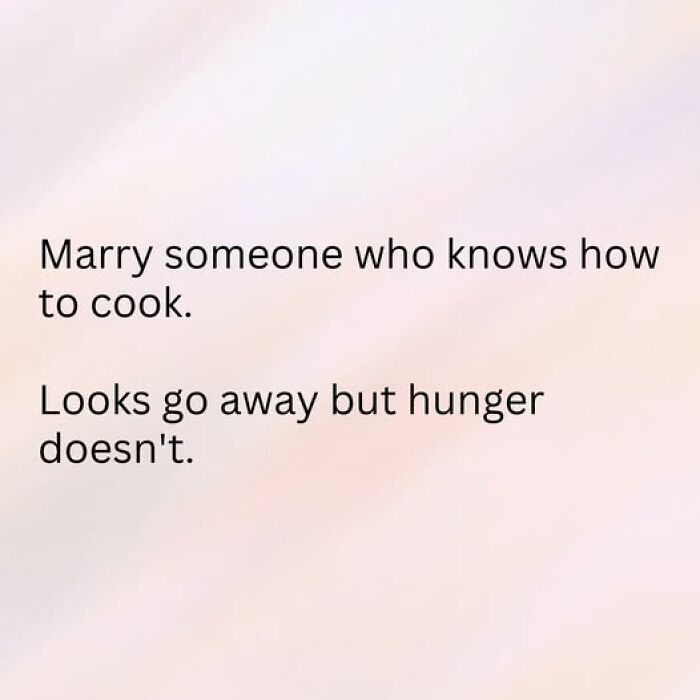 Text about marrying someone who knows how to cook, humorously highlighting funny and relatable couple relationship posts.