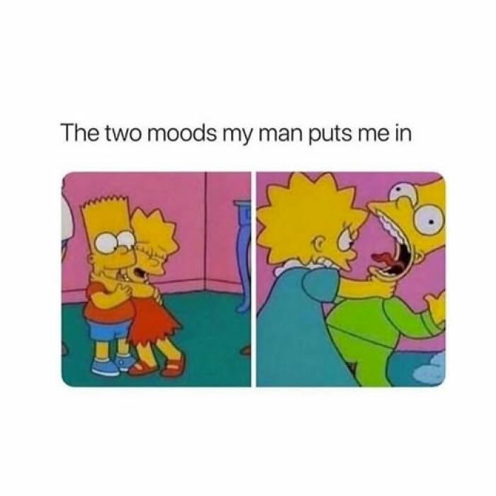 Bart and Lisa Simpson showing two different moods in a funny and relatable couple thing relationship post.