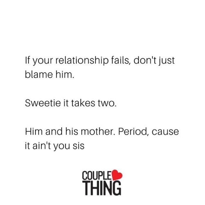 Text post about relationship failures humorously blaming his mother, featuring Couple Thing branding for relatable relationship posts.
