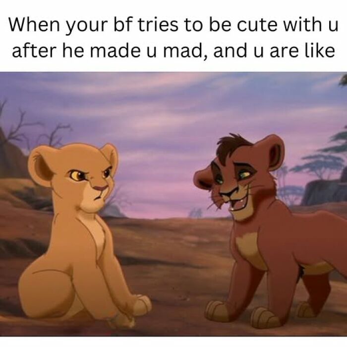 Two animated lion cubs with one looking annoyed and the other trying to be cute, illustrating funny couple thing moments.