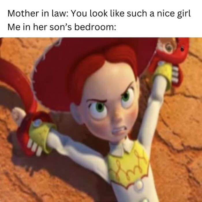 Animated character Jessie from Toy Story looking angry and restrained, illustrating a funny couple thing in relationships.