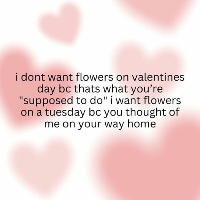 Romantic text on a pink heart background expressing desire for thoughtful gestures in relatable couple thing posts.