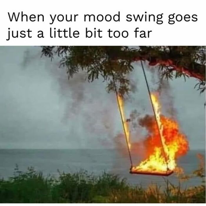 Burning swing by a lakeside with text about mood swings, illustrating a relatable couple thing in funny relationship posts.