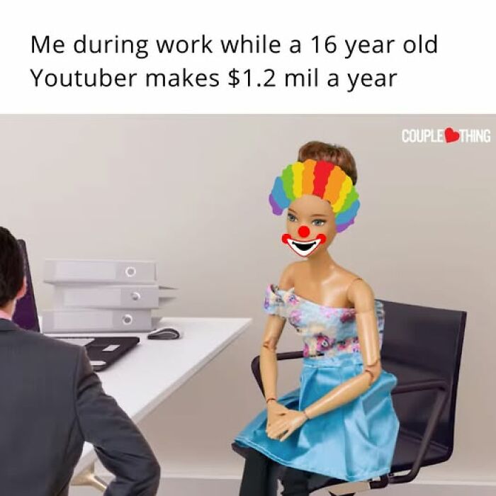 Person with clown face sitting at office desk looking frustrated, illustrating relatable couple thing humor.