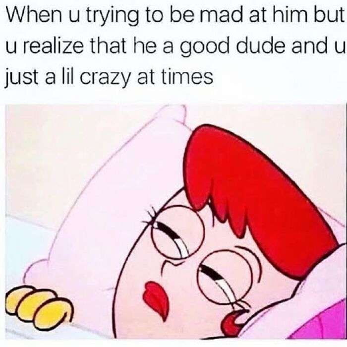 Cartoon woman lying in bed with text about relationship struggles and realizing he is a good dude in a couple thing post.