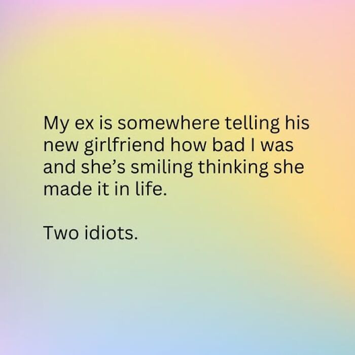 Text on a pastel background about an ex telling his new girlfriend bad things, a funny and relatable couple thing post.