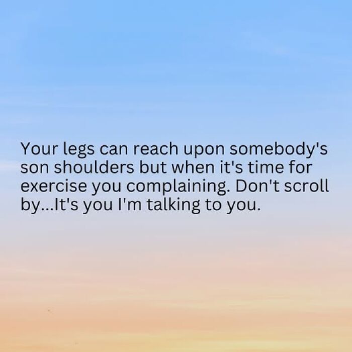 Couple thing relatable post with humorous text about legs reaching on shoulders but complaining during exercise.