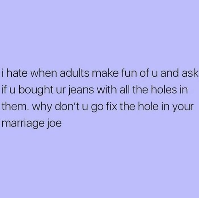 Text on a purple background humorously compares jeans with holes to fixing problems in a marriage, relating to couple thing posts.