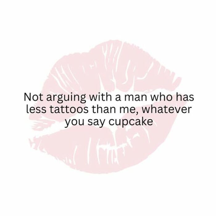 Funny relationship post with a pink lipstick mark background and text about arguing with a man with fewer tattoos couple thing.
