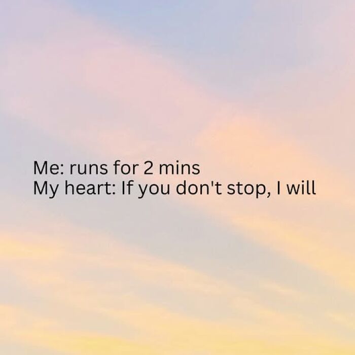 Text on a pastel sky background reads a funny relatable couple thing about running for two minutes and the heart's response.