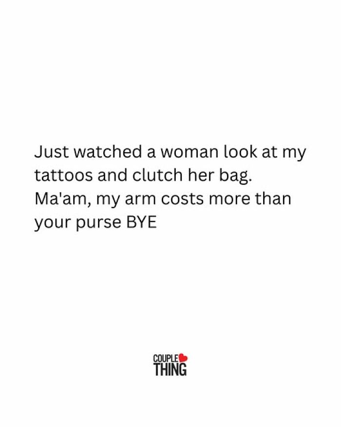 Text post about tattoos and purse reactions, humorous content from Couple Thing relationship posts.