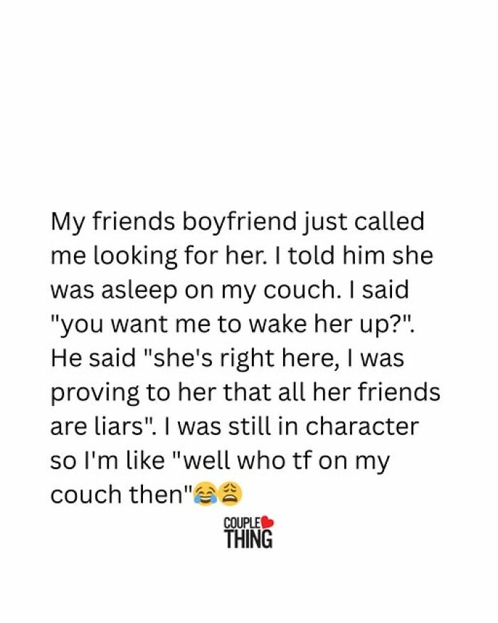 Text post about a funny and relatable couple thing involving a boyfriend proving friends are liars with emojis.