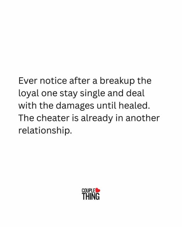 Text about breakups and loyalty in relationships from Couple Thing, illustrating relatable relationship posts.