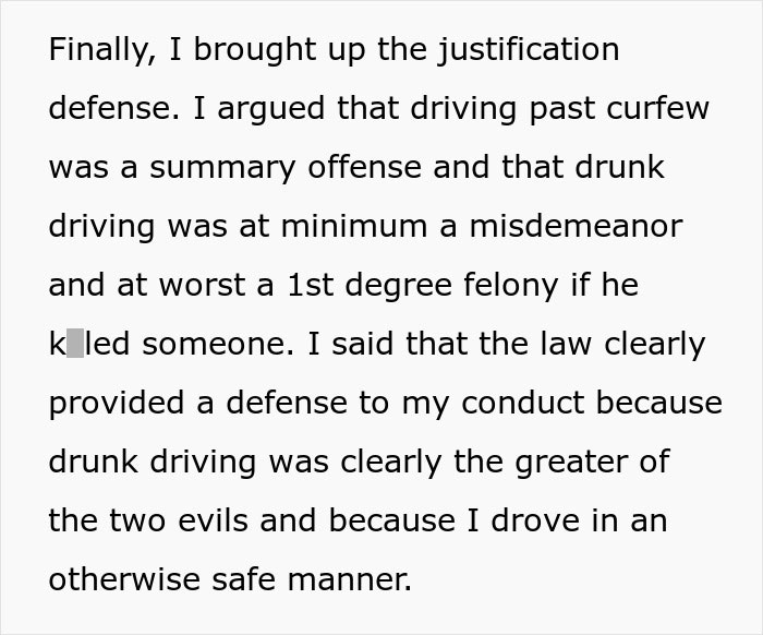 Text excerpt discussing justification defense in a curfew violation case involving drunk driving and legal arguments.