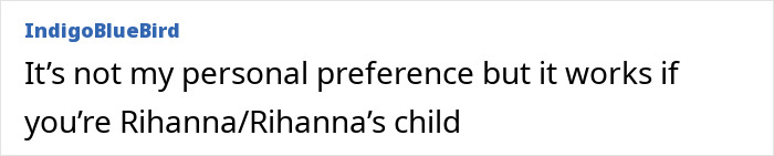 Comment from IndigoBlueBird discussing Rihanna&rsquo;s child name, reflecting fans urging change and concerns over a cruel name choice.