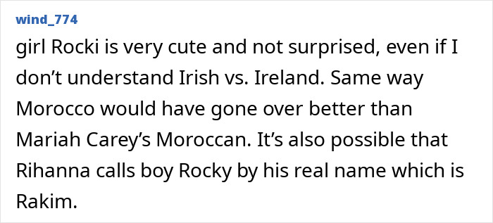 Screenshot of a user comment discussing Rihanna fans urging her to change the cruel name given to her newborn daughter.