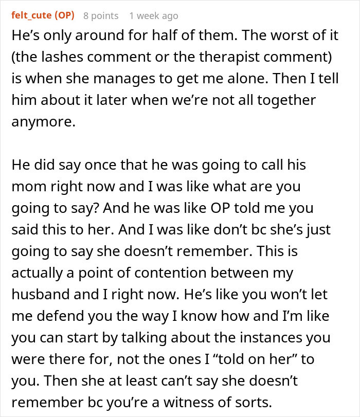 Text from a woman sharing her experience of rude comments from her mother-in-law and her husband&rsquo;s emotional response.