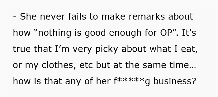 Text excerpt showing a woman describing years of rude comments from her mother-in-law about her choices and behavior.