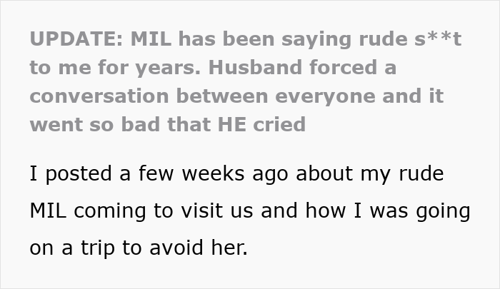 Text excerpt about a woman&rsquo;s mother-in-law making rude comments and the husband breaking down emotionally.