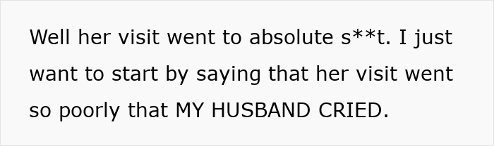 Text excerpt about a woman describing her mother-in-law&rsquo;s rude comments causing her husband to break down in tears.