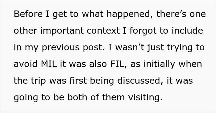 Text excerpt about avoiding MIL and FIL during a trip, highlighting family tension and rude comments context.
