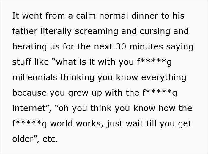 Text excerpt showing a husband breaking down after years of rude comments from his mother-in-law about millennials and the internet.