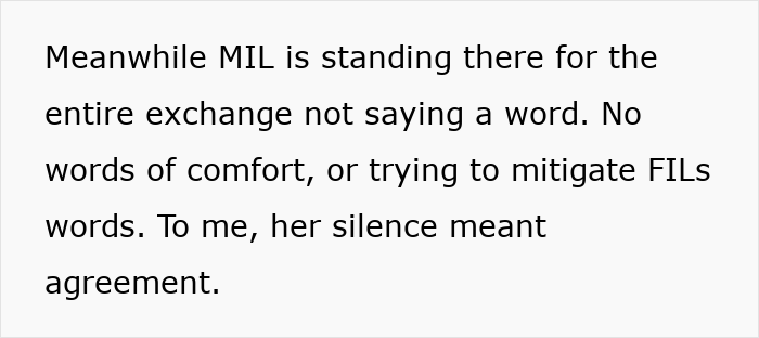 Text excerpt about a mother-in-law making rude comments while the husband finally breaks down after years.
