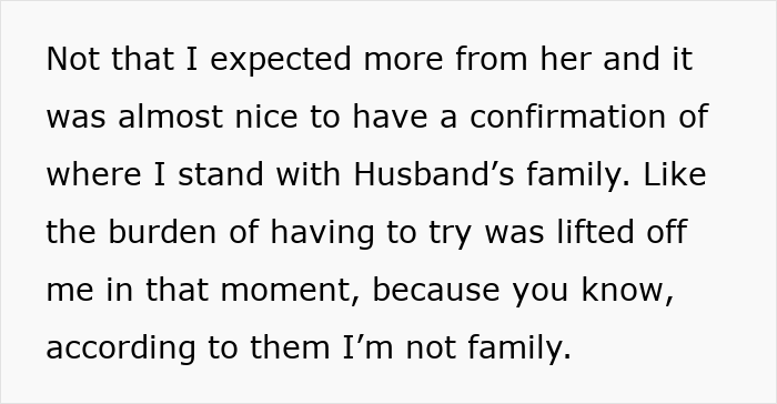 Text excerpt describing a woman feeling excluded by her husband&rsquo;s family after years of rude comments from mother-in-law.