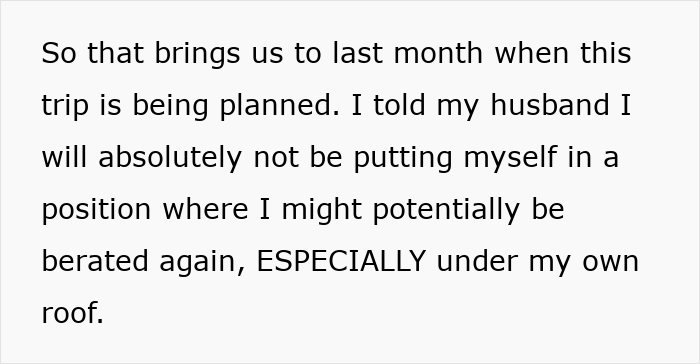 Text excerpt about a woman refusing to tolerate rude comments from her mother-in-law during a planned trip.