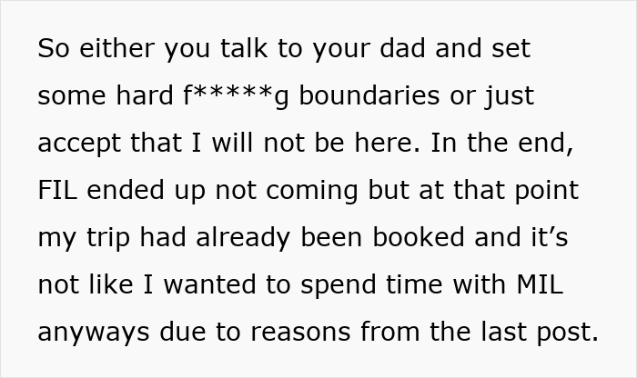 Text excerpt showing a woman setting boundaries with MIL amid rude comments, highlighting emotional responsibility issues.