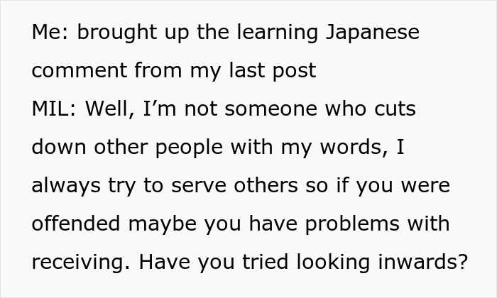 Conversation showing a woman confronting her rude mother-in-law&rsquo;s comments and husband reaching a breaking point.