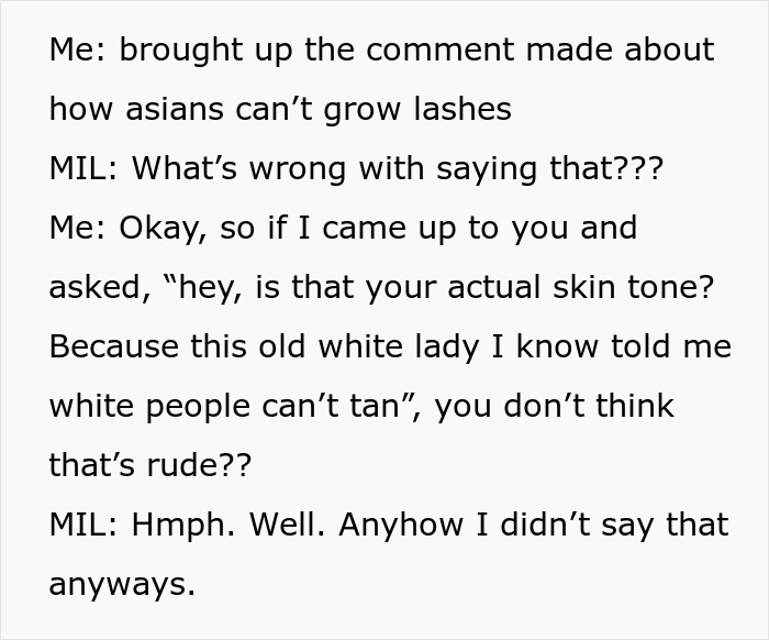 Text conversation showing a woman confronting her MIL about years of rude comments on race and emotions.