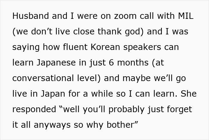 Text excerpt showing rude comments from mother-in-law during a Zoom call, highlighting emotional strain on husband and wife.