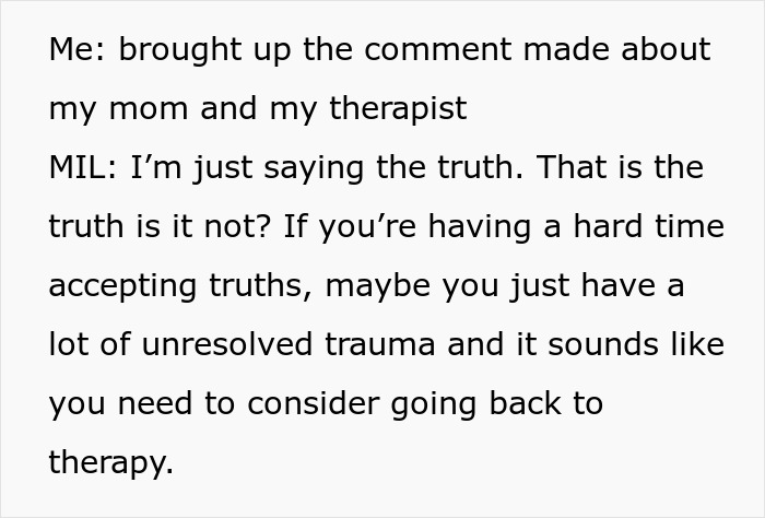 Text conversation showing a woman confronting her mother-in-law&rsquo;s rude comments about therapy and unresolved trauma.