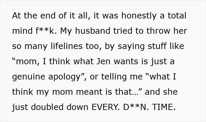Text excerpt showing a woman&rsquo;s experience with her mother-in-law&rsquo;s rude comments and her husband breaking down.
