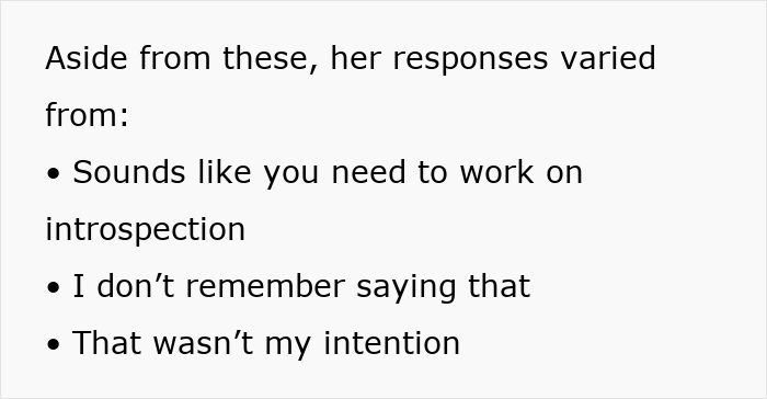 Text excerpt showing varied responses including introspection, denial, and intention in a family conflict about emotions.
