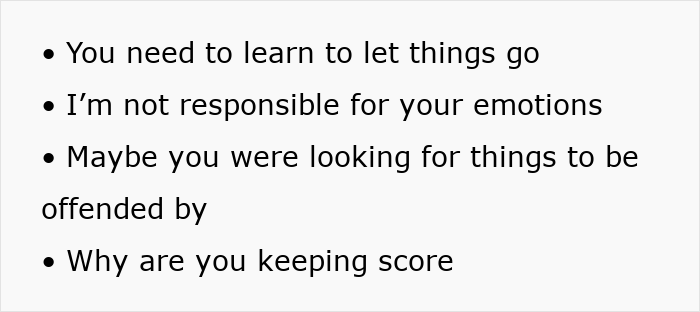 Alt text: List of rude comments from a mother-in-law telling to let go and not be responsible for emotions