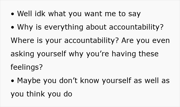 Text excerpt showing a conversation about accountability and emotions related to rude comments from a mother-in-law.