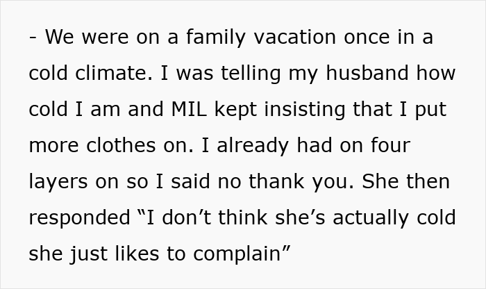 Text excerpt showing a woman describing rude comments from her mother-in-law during a cold family vacation.